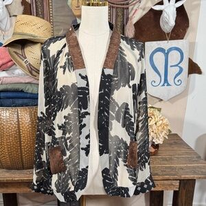 Soft Surroundings Black and Brown Sheer Leaf Print Shirt Jacket